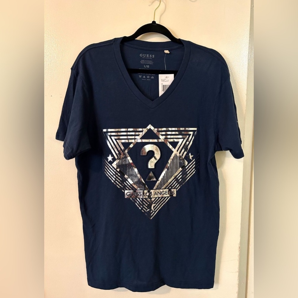Men’s Guess Navy Blue & Foil Silver T-shirt Size Large